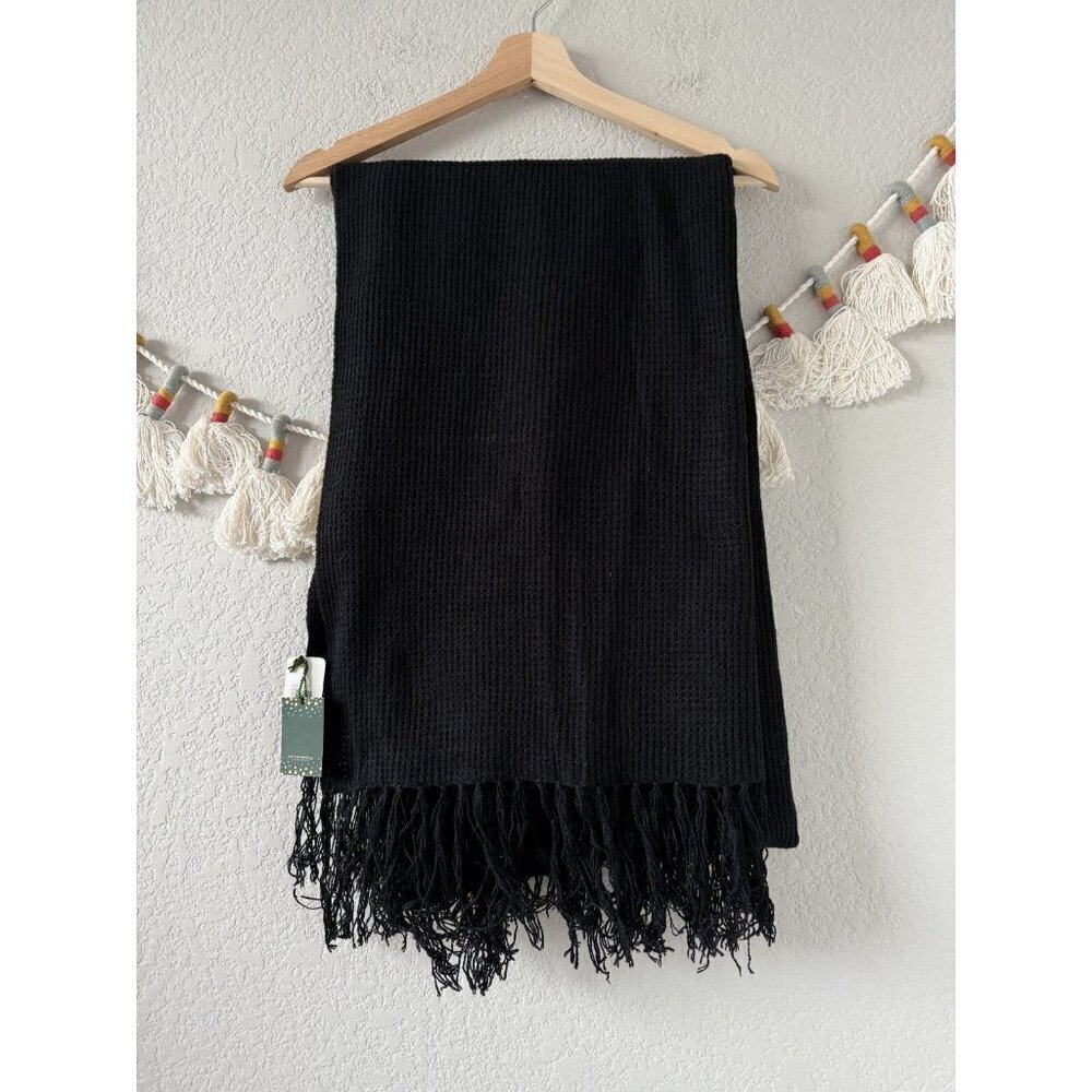 Soft Surroundings Wool Blend Waffle Knit Fringe Black Blanket Scarf Cozy NEW